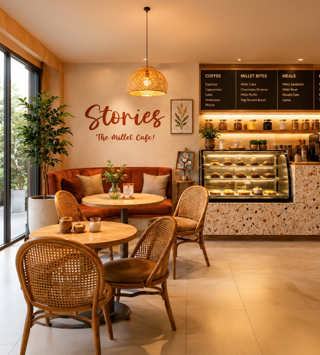 A warm Stories café interior at golden hour with timber tables and a counter