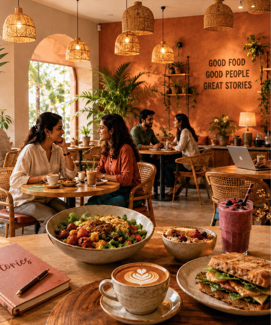Friends sharing food at a Stories café table