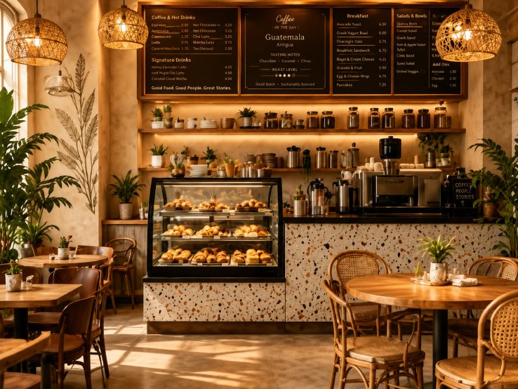 A rushed coffee chain counter