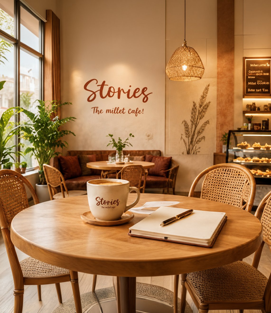Wide café interior with warm lighting